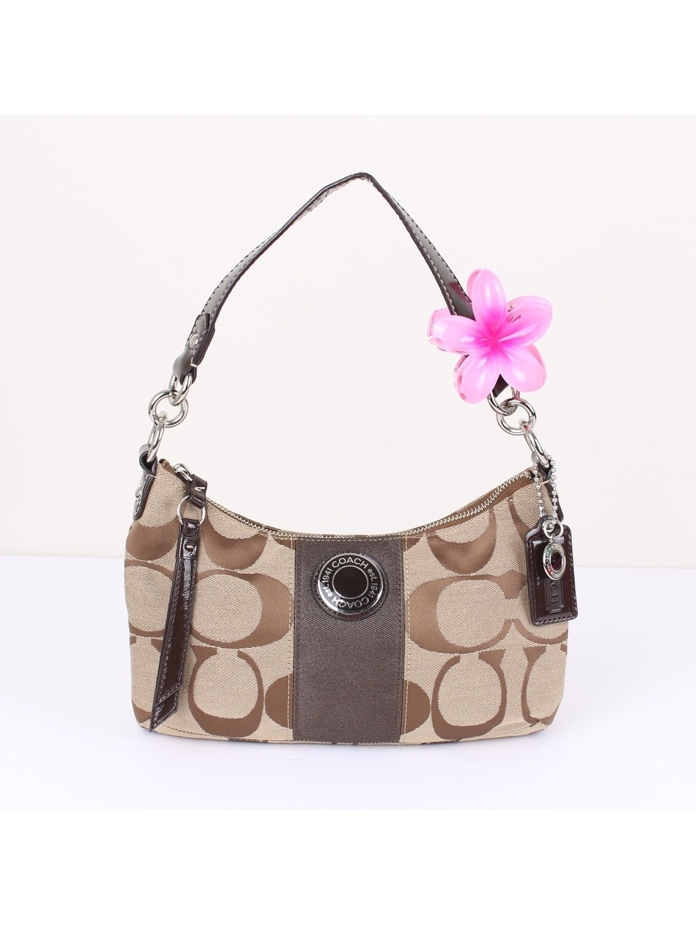 Vintage Coach F19218 Signature Stripe Demi Shoulder Bag Brown Khaki Y2K